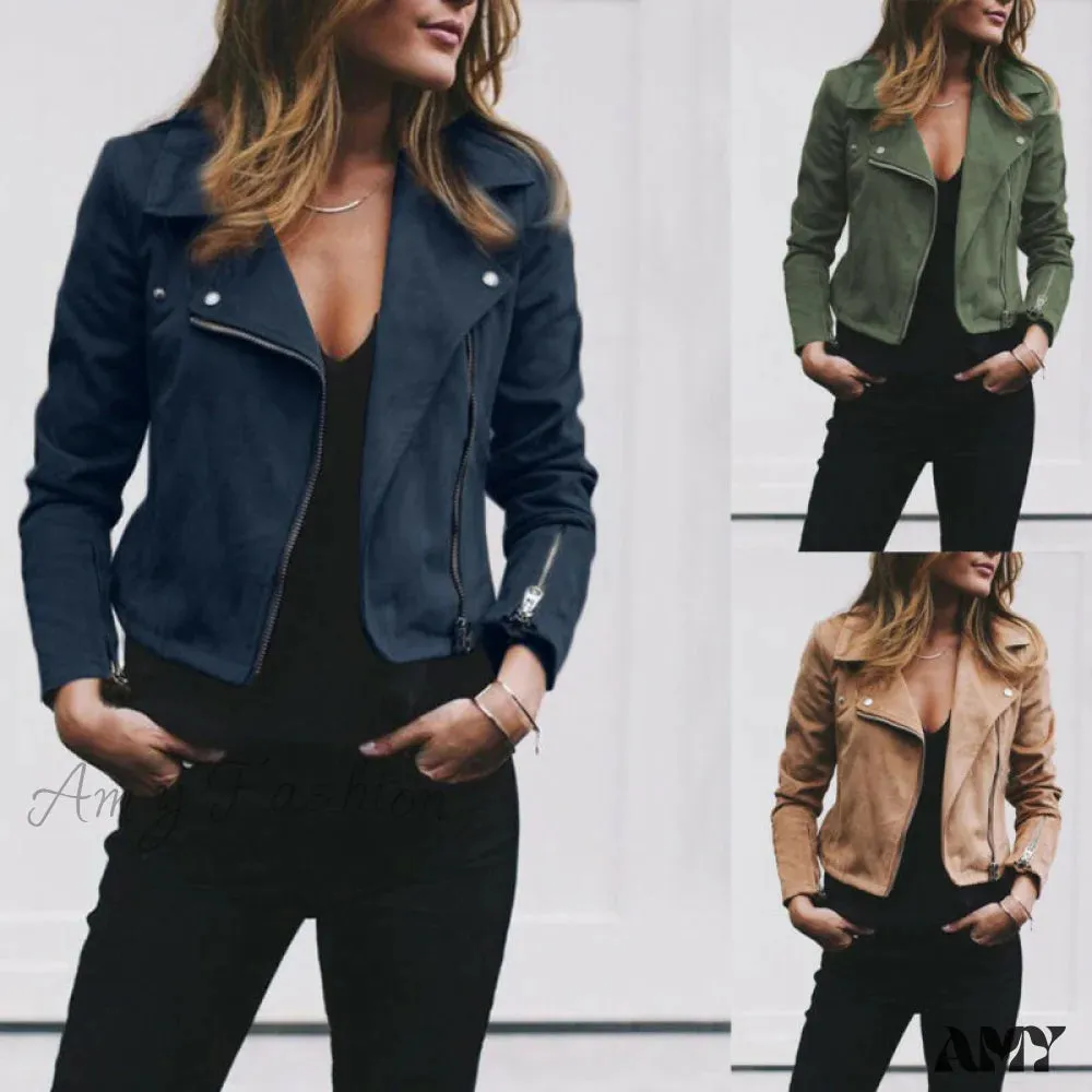 Amy Fashion - Fashion Solid Color Cool Zipper Jacket