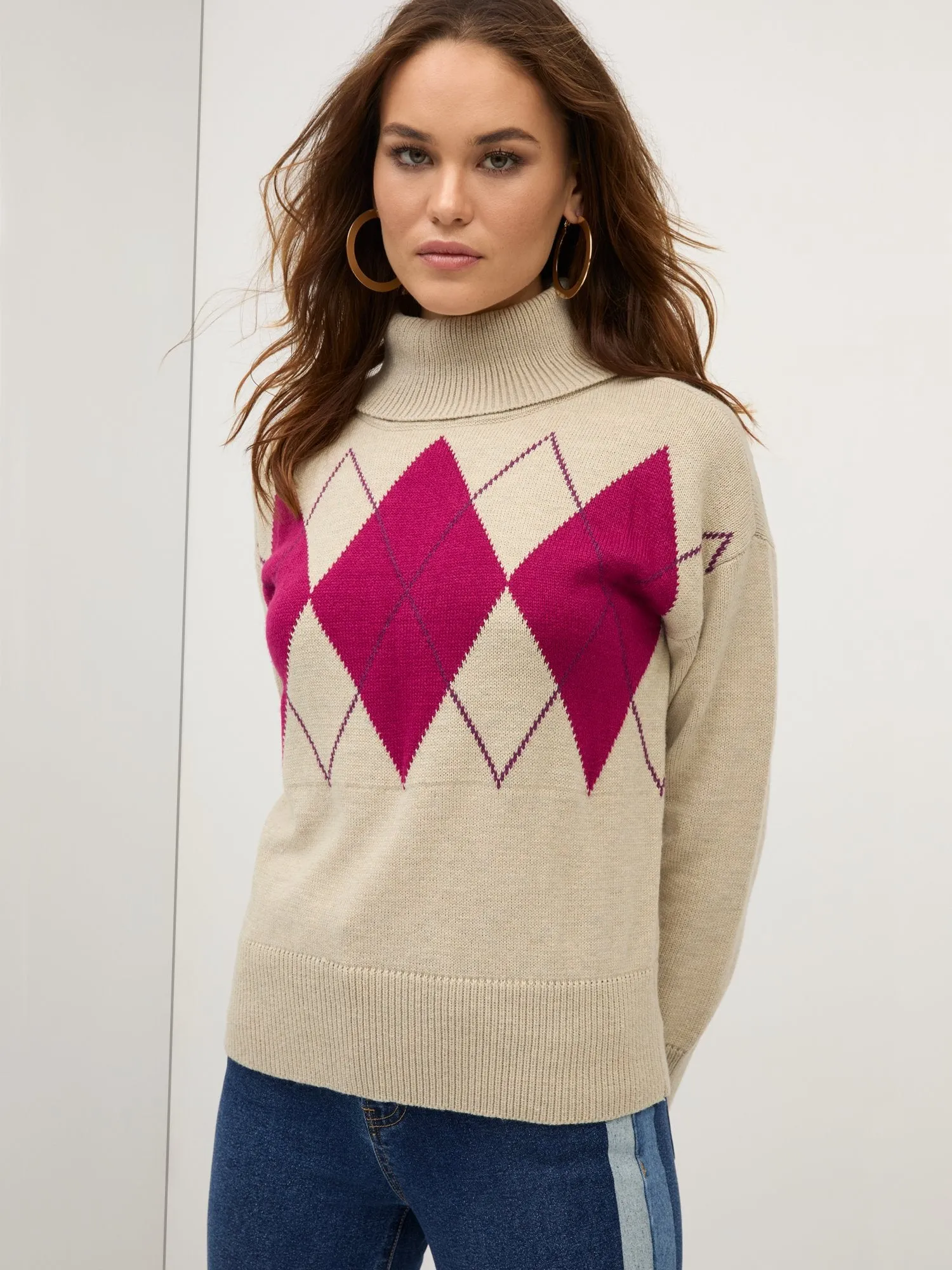 Argyle Turtleneck Pullover Sweater