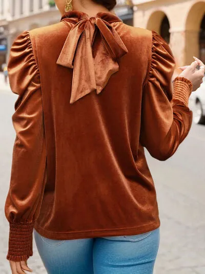 Ava Tied Mock Neck Puff Sleeve Blouse in Ochre