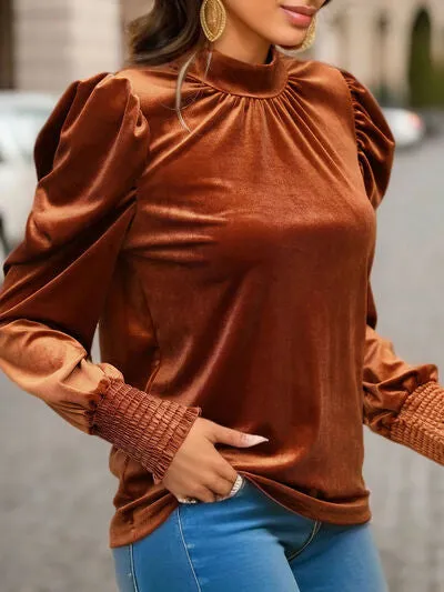 Ava Tied Mock Neck Puff Sleeve Blouse in Ochre