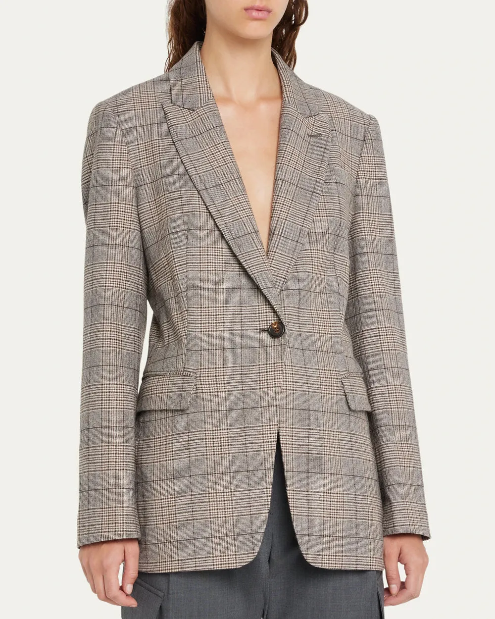 Beige Brown Glen Check Single Breasted Blazer