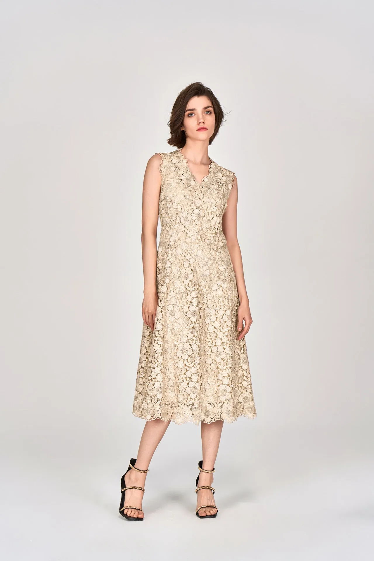 Beige V-neck Lace Sleeveless Dress