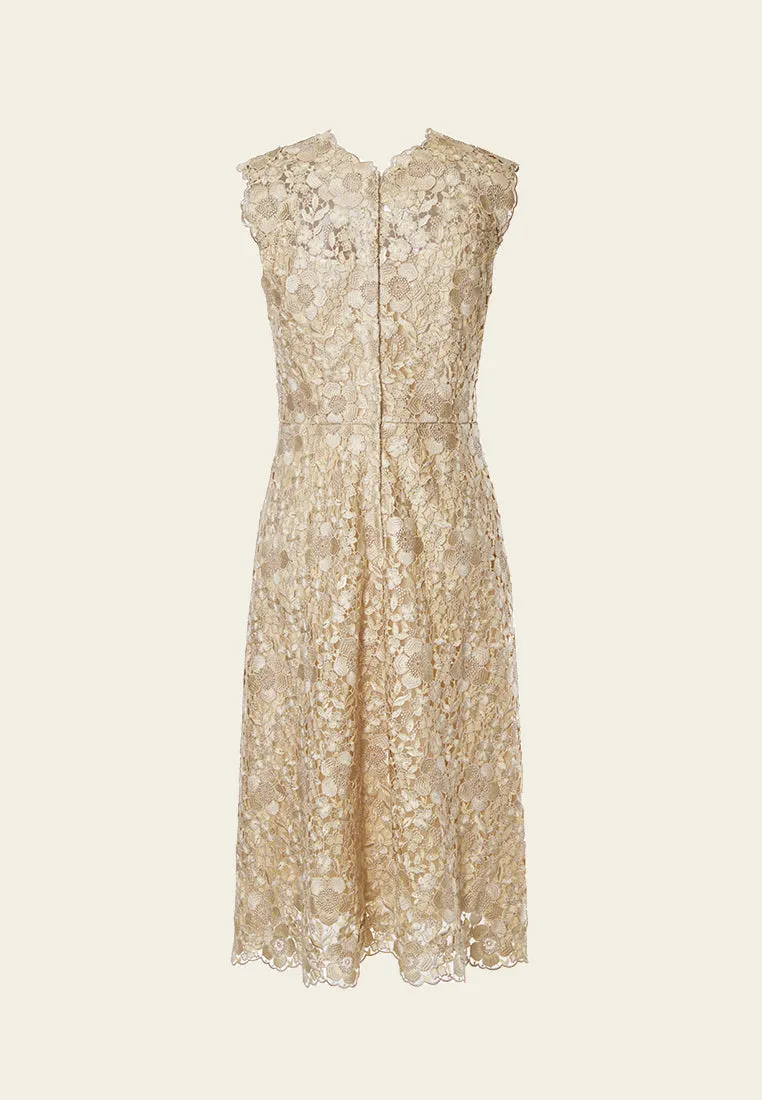 Beige V-neck Lace Sleeveless Dress