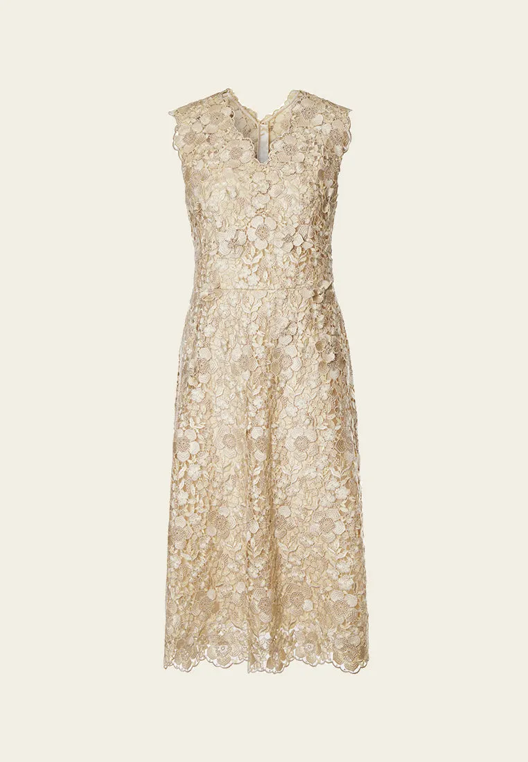 Beige V-neck Lace Sleeveless Dress