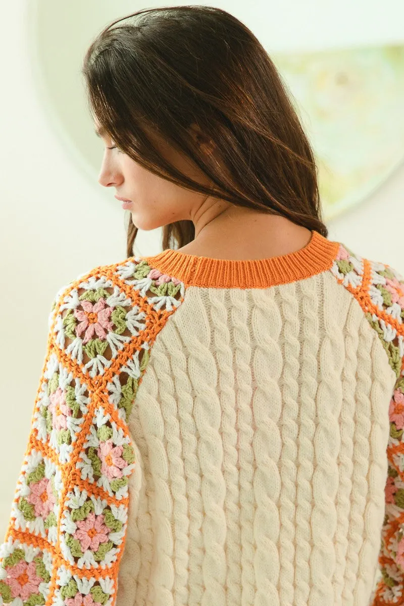 BiBi Cable Knit Sweater with Granny Square Crochet Sleeves in Apricot