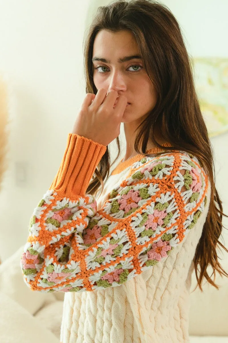 BiBi Cable Knit Sweater with Granny Square Crochet Sleeves in Apricot