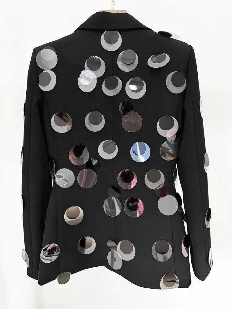 Black Sequin One Button Blazer Jacket