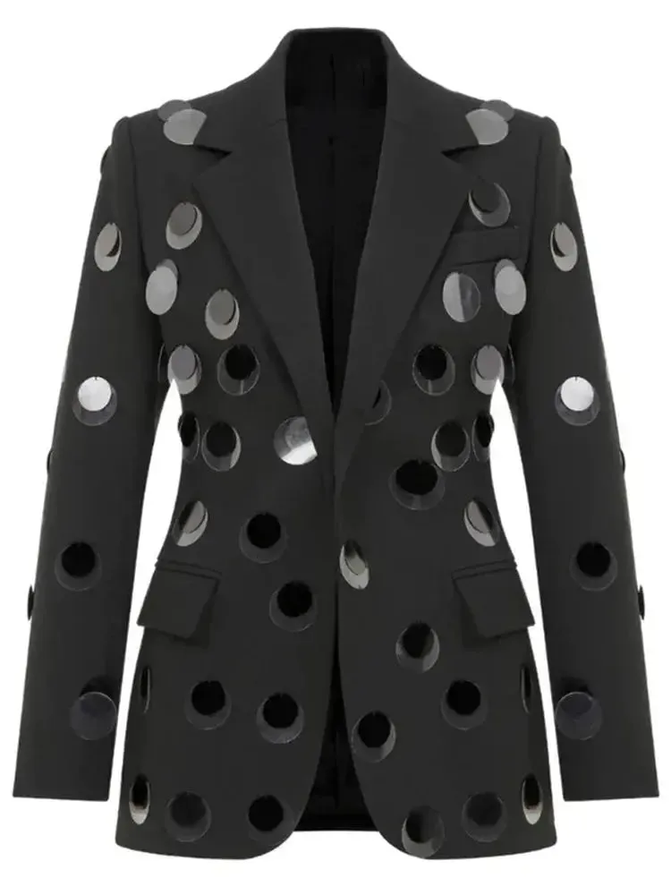 Black Sequin One Button Blazer Jacket