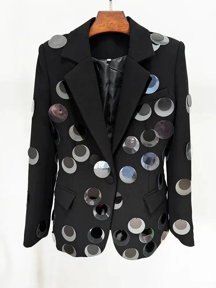 Black Sequin One Button Blazer Jacket