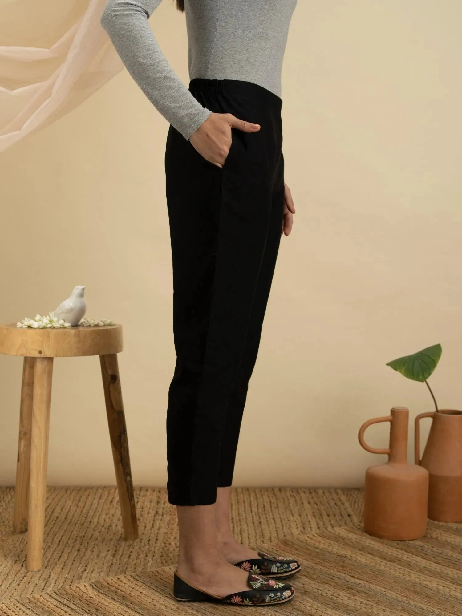 Black Solid Cotton Trousers