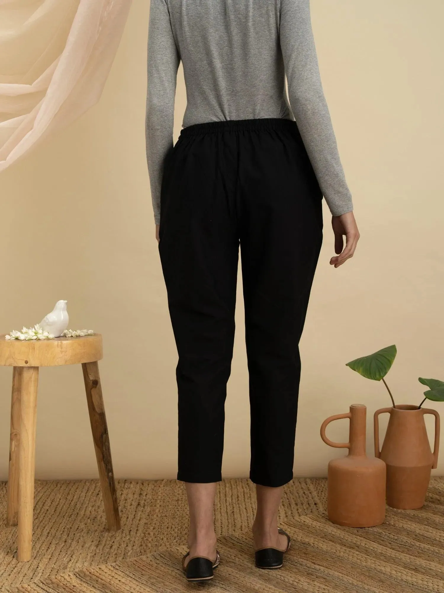 Black Solid Cotton Trousers