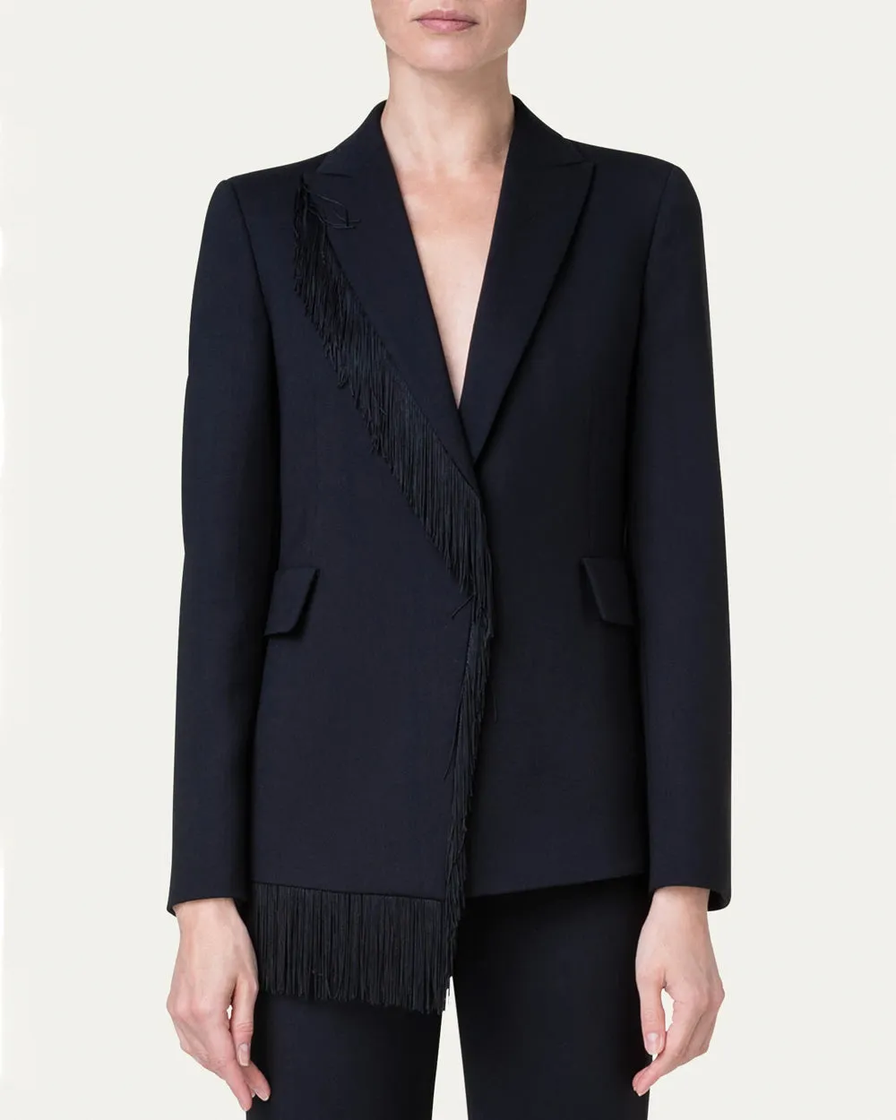 Black Wool Crepe Fringe Intarsia Blazer