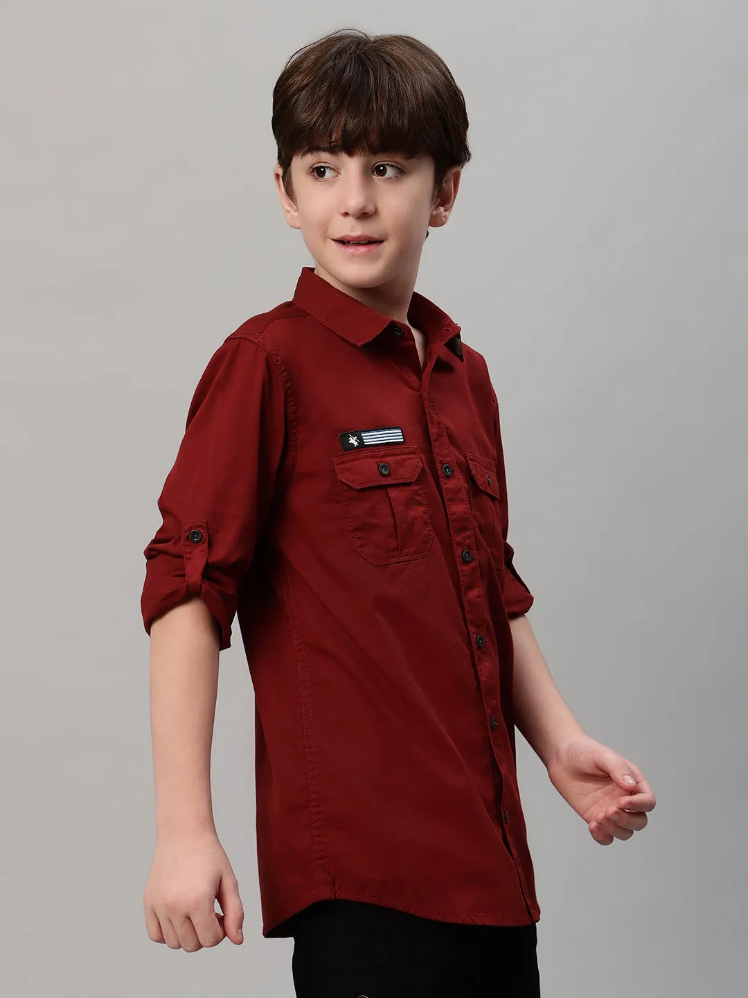 Boy's Maroon Solid Full Sleeve Shirt