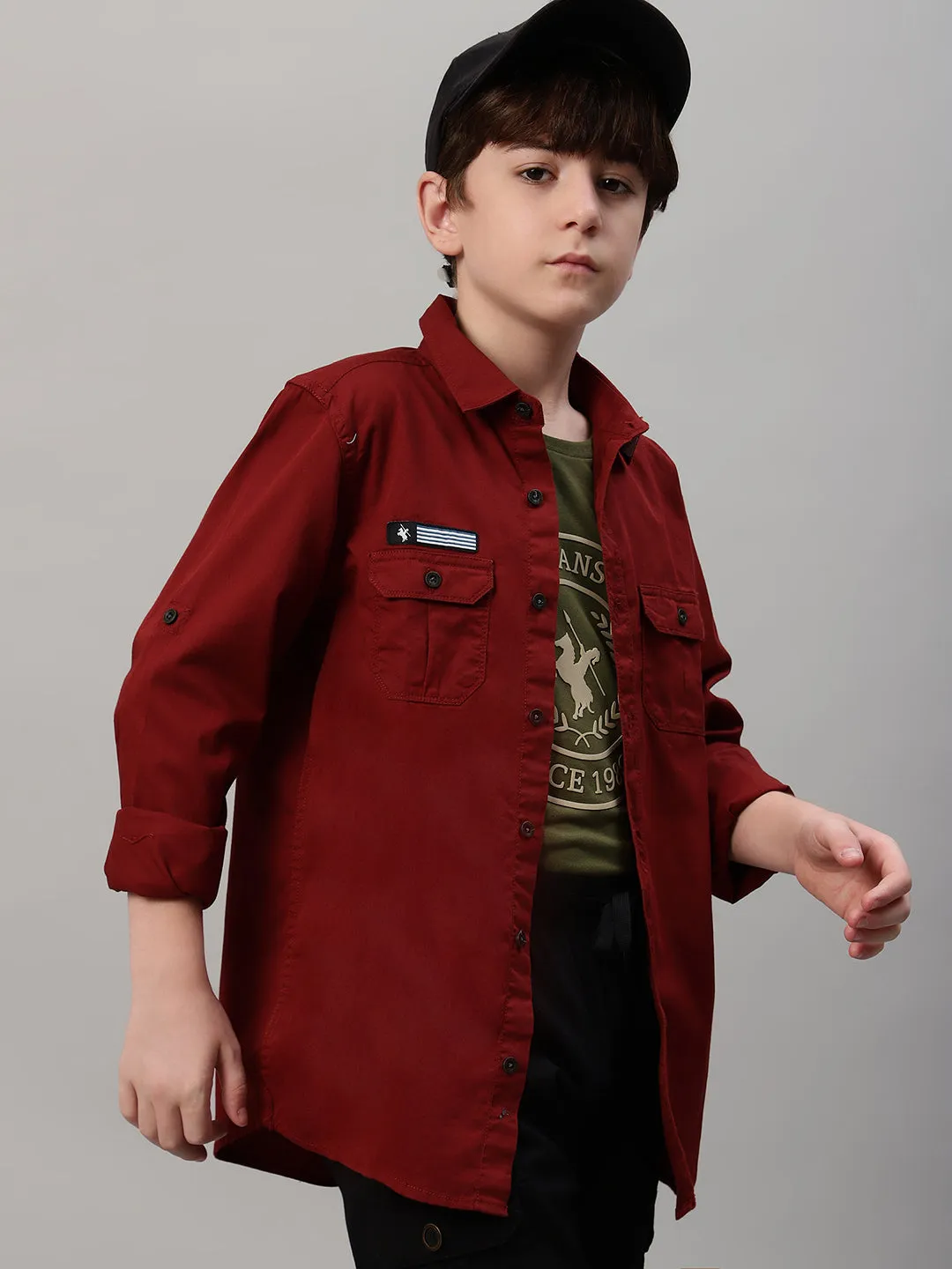 Boy's Maroon Solid Full Sleeve Shirt