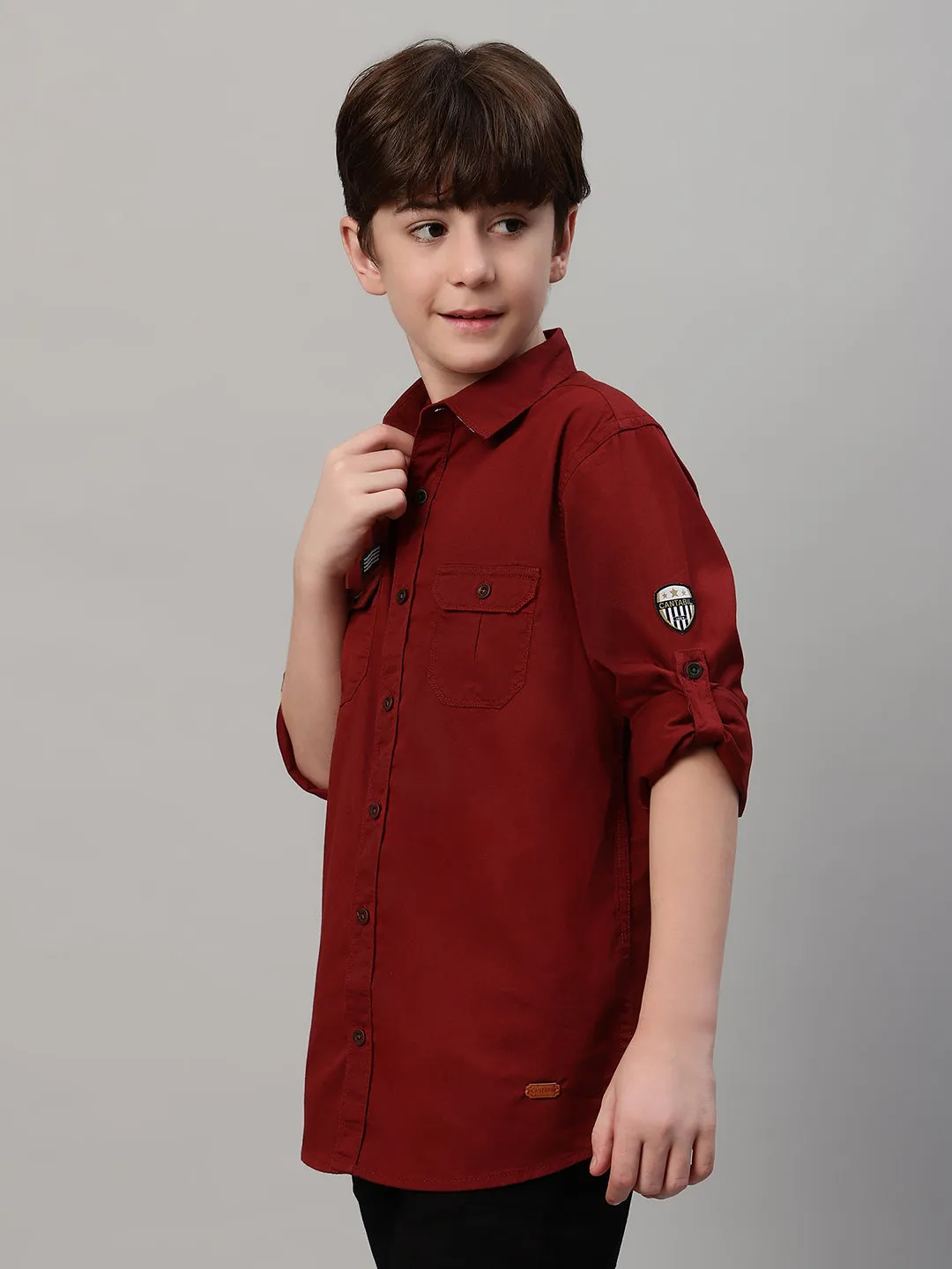 Boy's Maroon Solid Full Sleeve Shirt