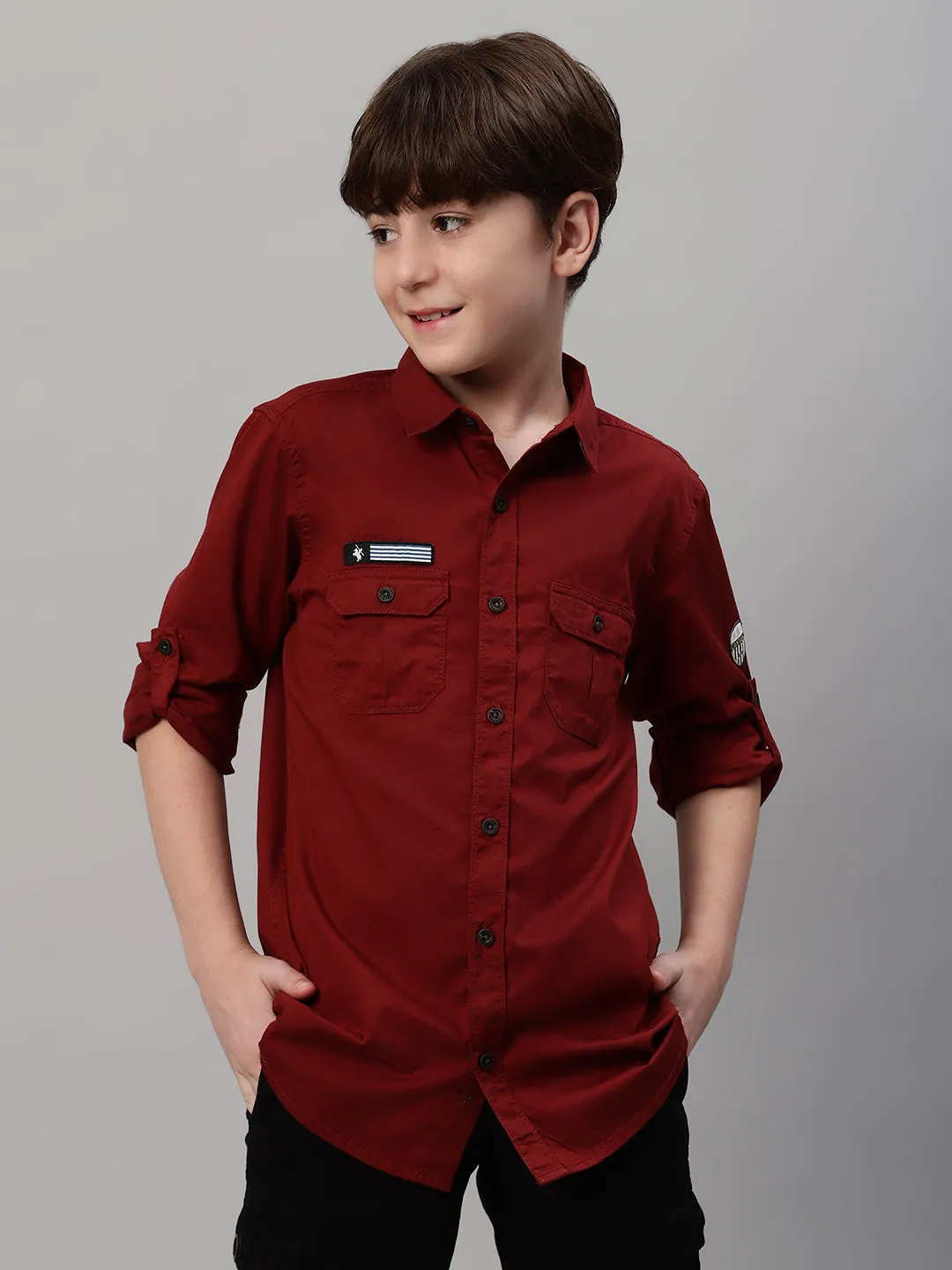 Boy's Maroon Solid Full Sleeve Shirt