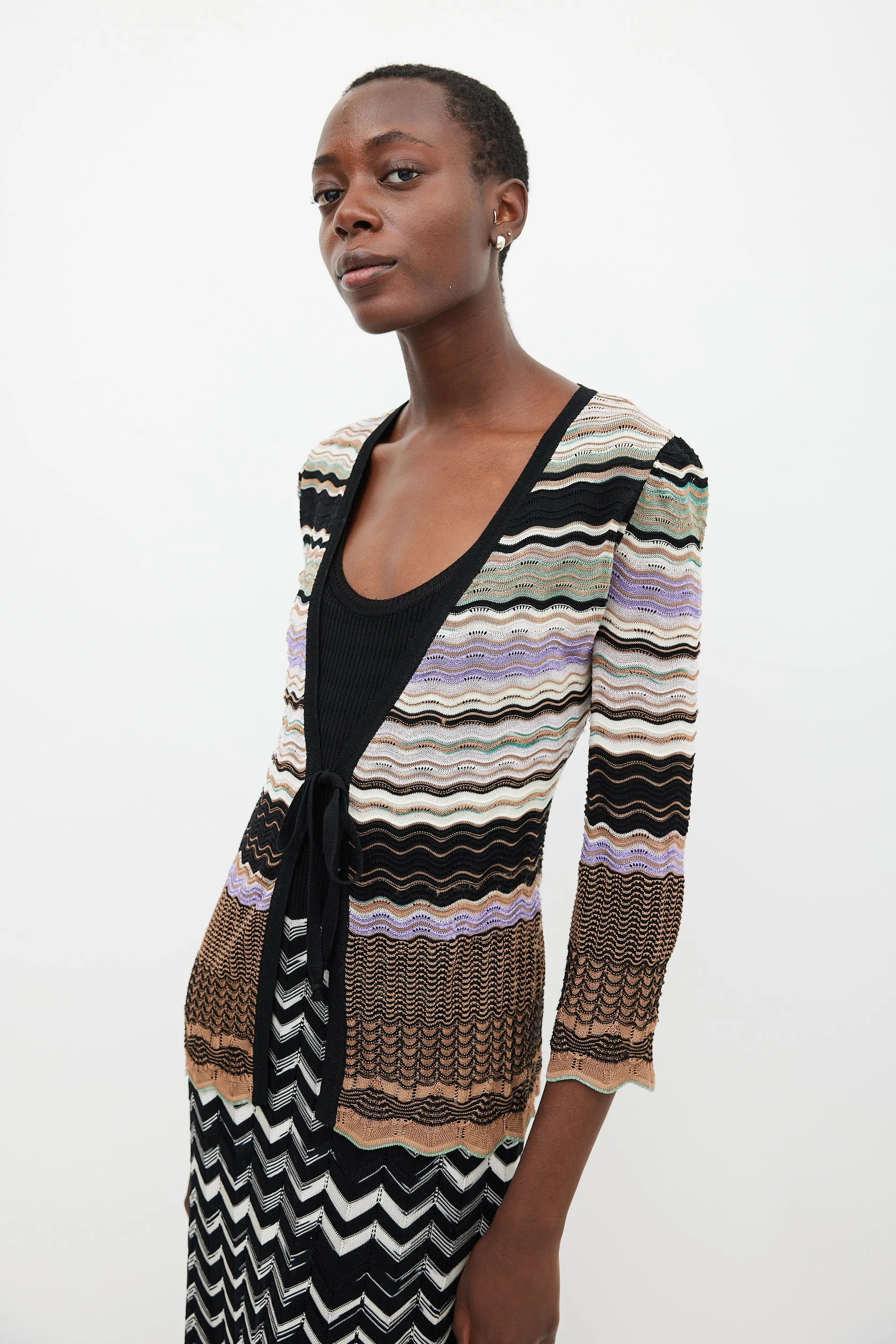 Brown & Multicolour Sparkly Tie Front Cardigan