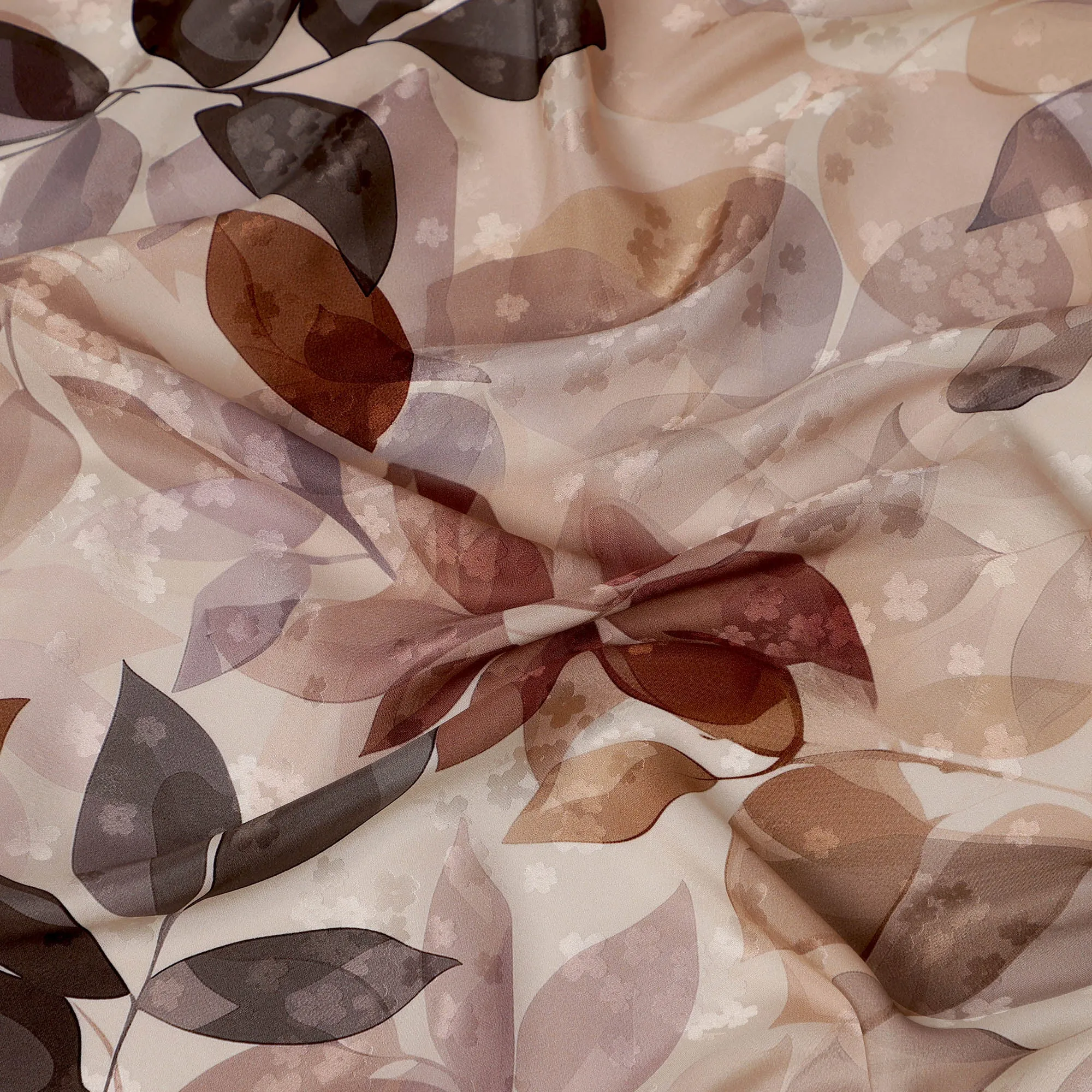 Brown and Beige Leaf Print Pure Silk Satin Fabric, 140 cm Width, Made in Italy -D21157