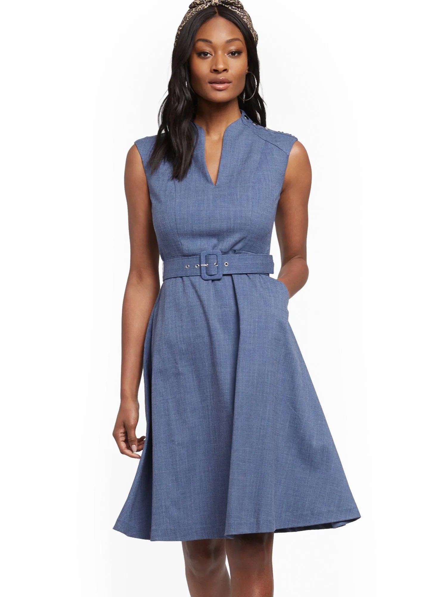 Button-Accent Belted Fit and Flare Dress