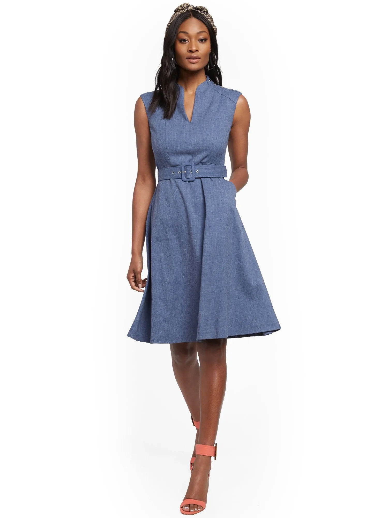 Button-Accent Belted Fit and Flare Dress