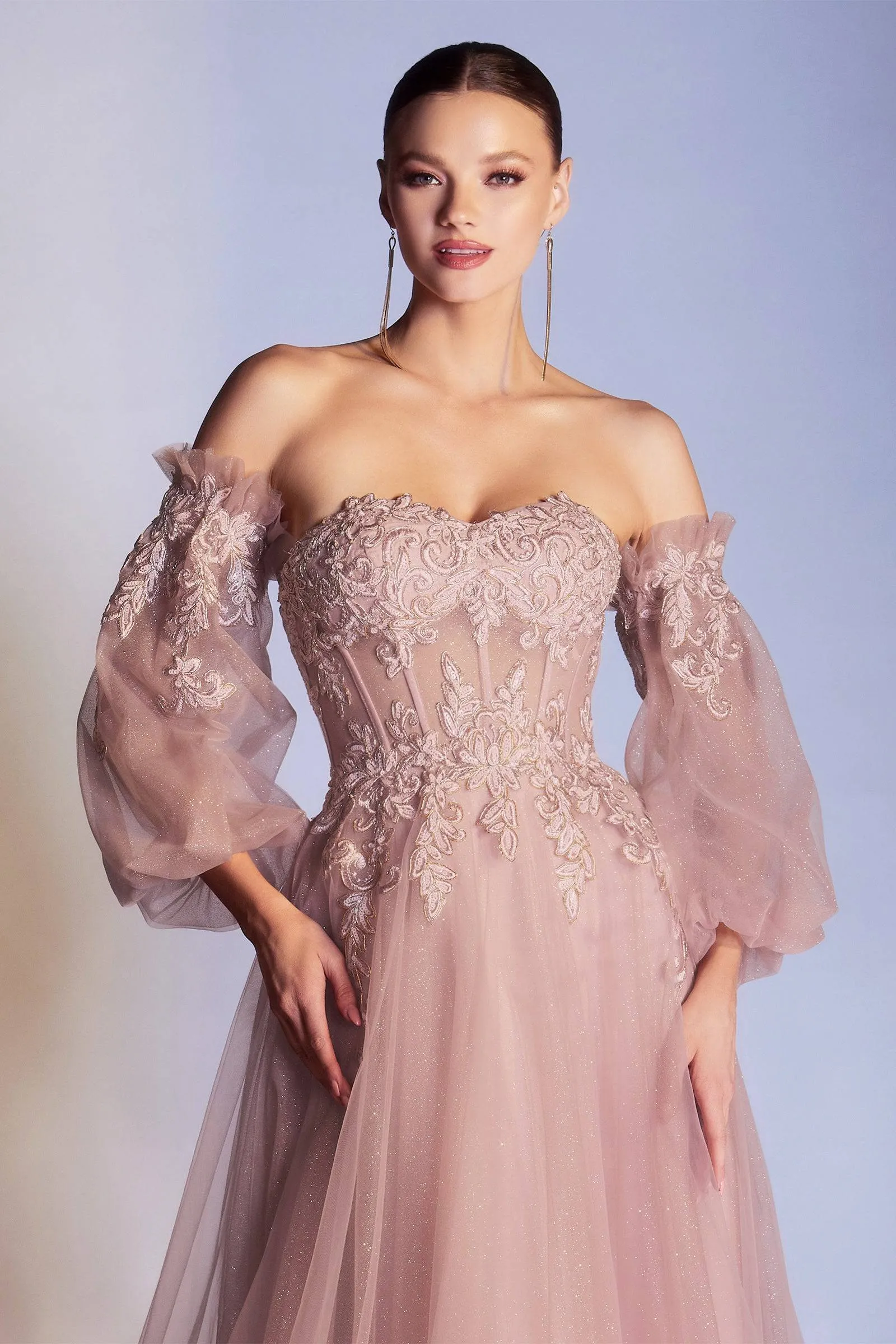 Cinderella Divine CD948 Opulent Off Shoulder Embroidered Gown with Puffy Sleeves