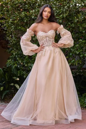 Cinderella Divine CD948 Opulent Off Shoulder Embroidered Gown with Puffy Sleeves