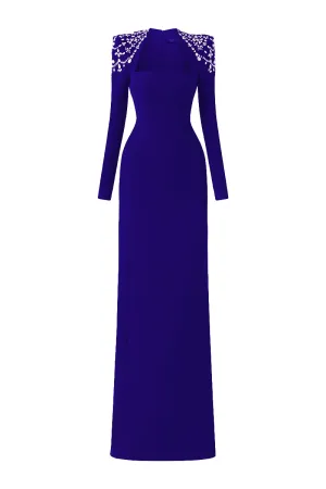 COBALT BLUE LONG SLEEVE TRAPEZOID NECKLINE BODYCON FULL DRESS