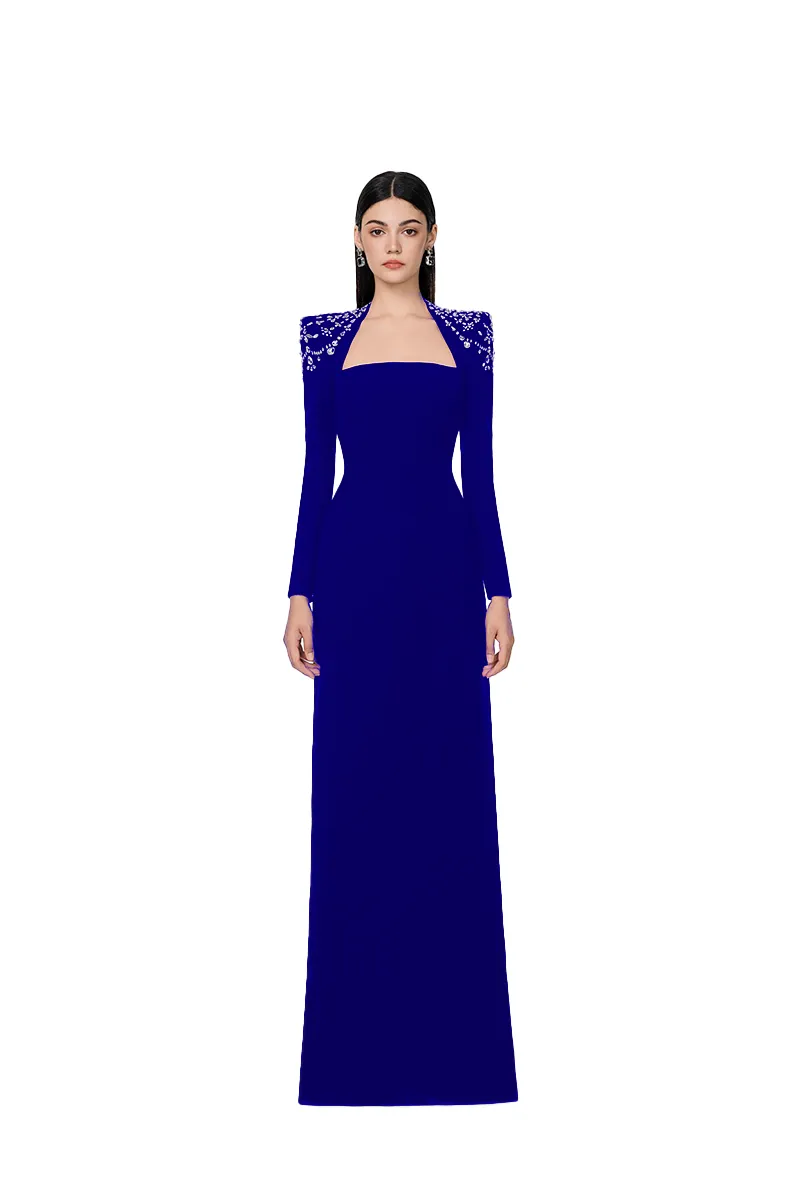 COBALT BLUE LONG SLEEVE TRAPEZOID NECKLINE BODYCON FULL DRESS