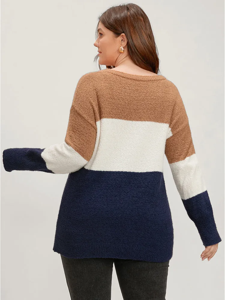 Colorblock Contrast Super Soft Knit Round Neck Knit Top