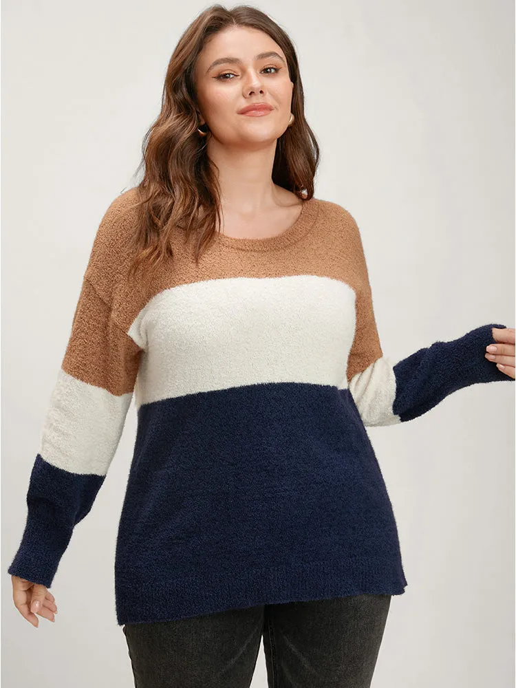 Colorblock Contrast Super Soft Knit Round Neck Knit Top