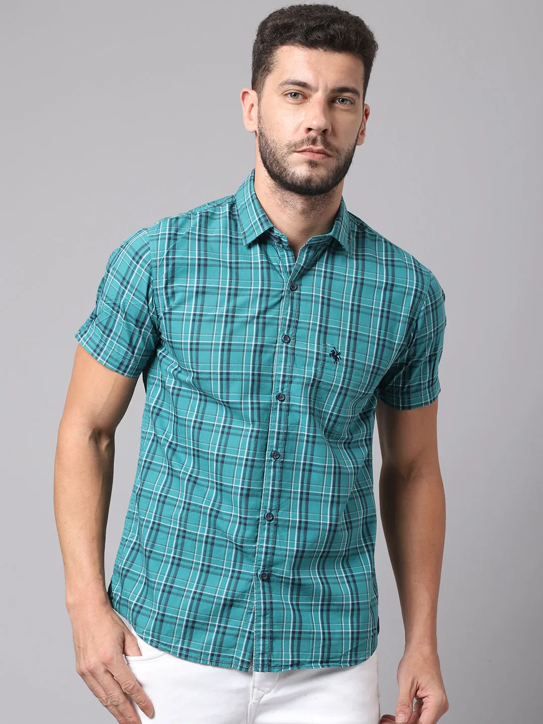 Cotton Checkered Green Half Sleeve Regular Fit Casual Shirt for Men with Pocket