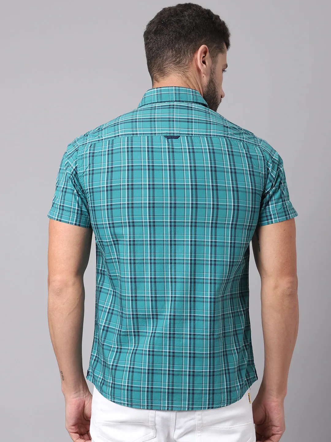 Cotton Checkered Green Half Sleeve Regular Fit Casual Shirt for Men with Pocket