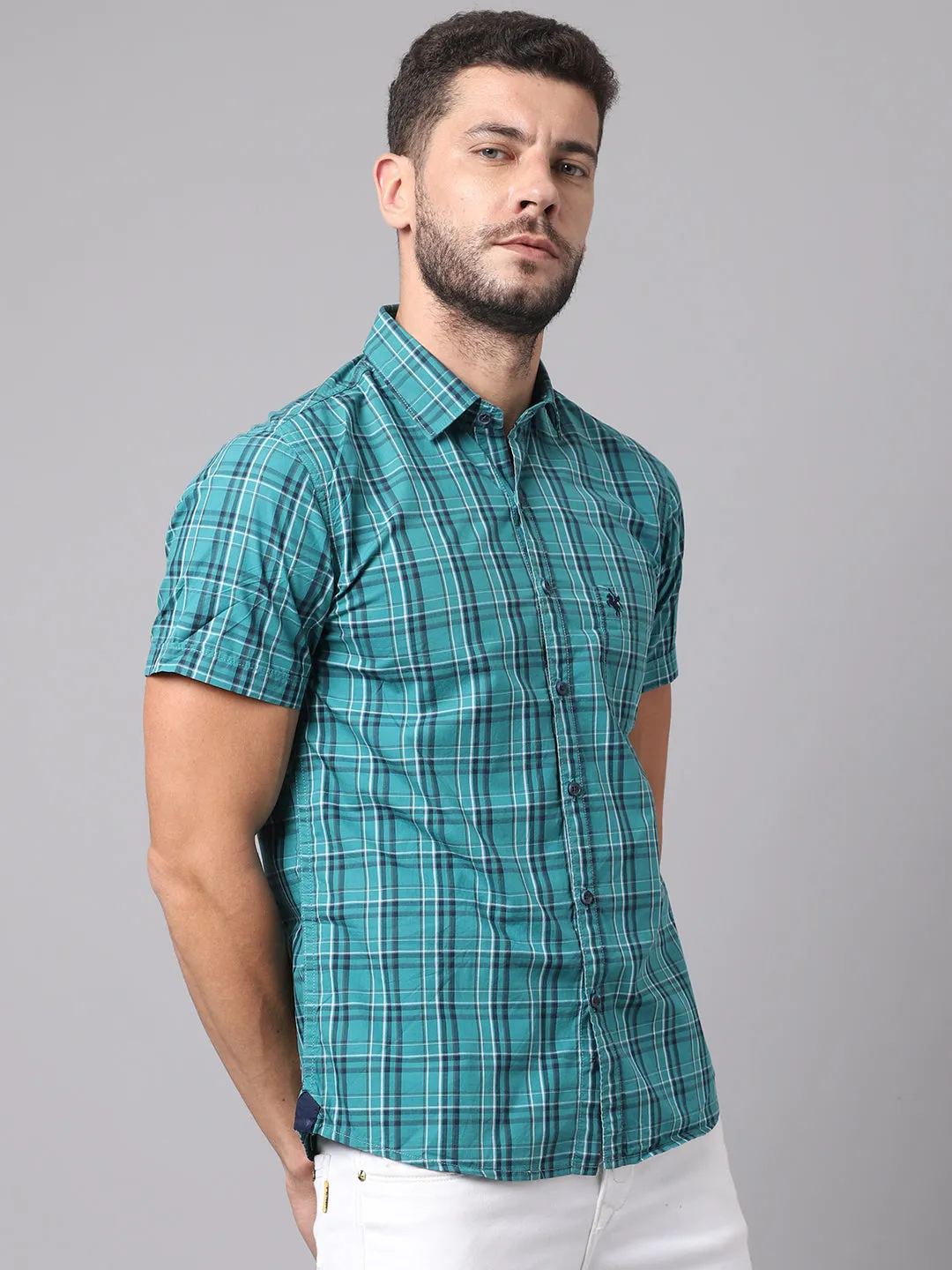 Cotton Checkered Green Half Sleeve Regular Fit Casual Shirt for Men with Pocket