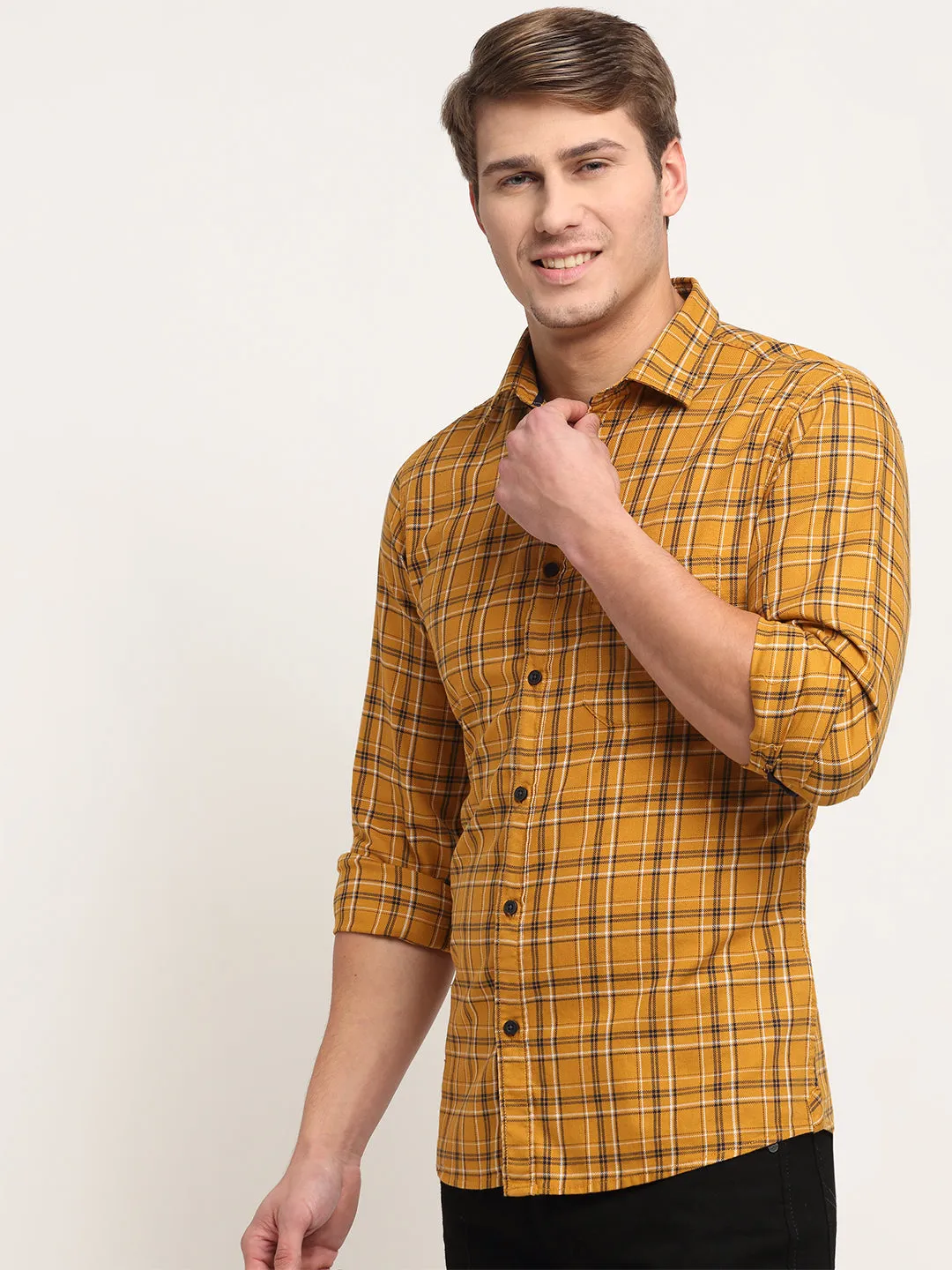 Cotton Checkered Mustard Full Sleeve Casual Shirt for Men with Pocket