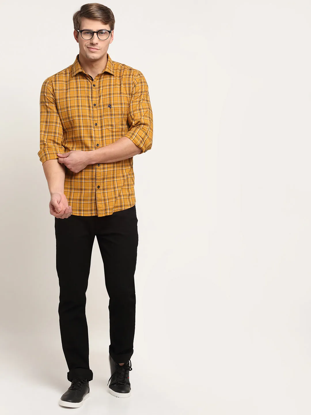 Cotton Checkered Mustard Full Sleeve Casual Shirt for Men with Pocket