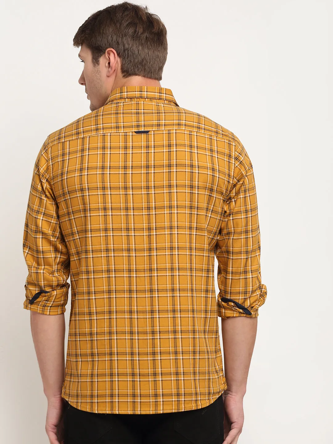 Cotton Checkered Mustard Full Sleeve Casual Shirt for Men with Pocket