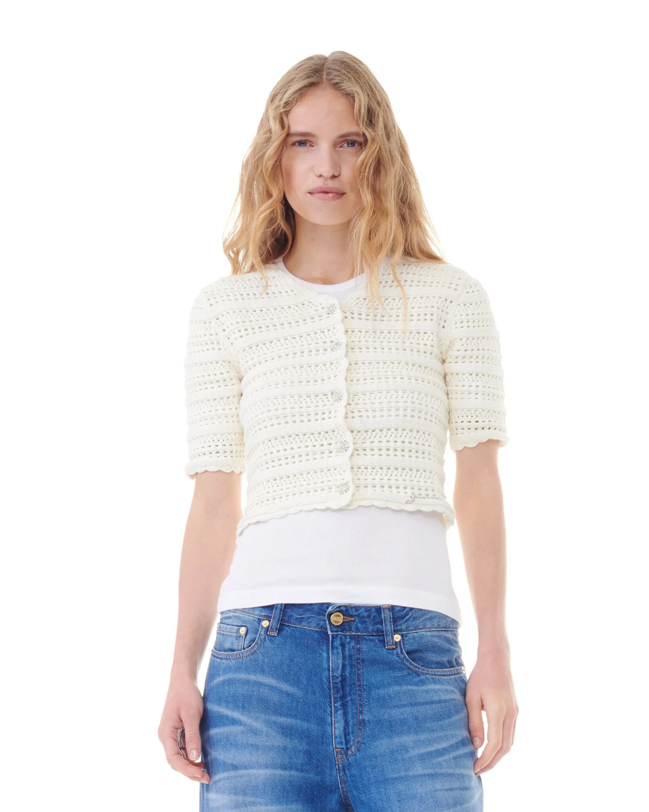 Cotton Pointelle Short Sleeve Cardigan