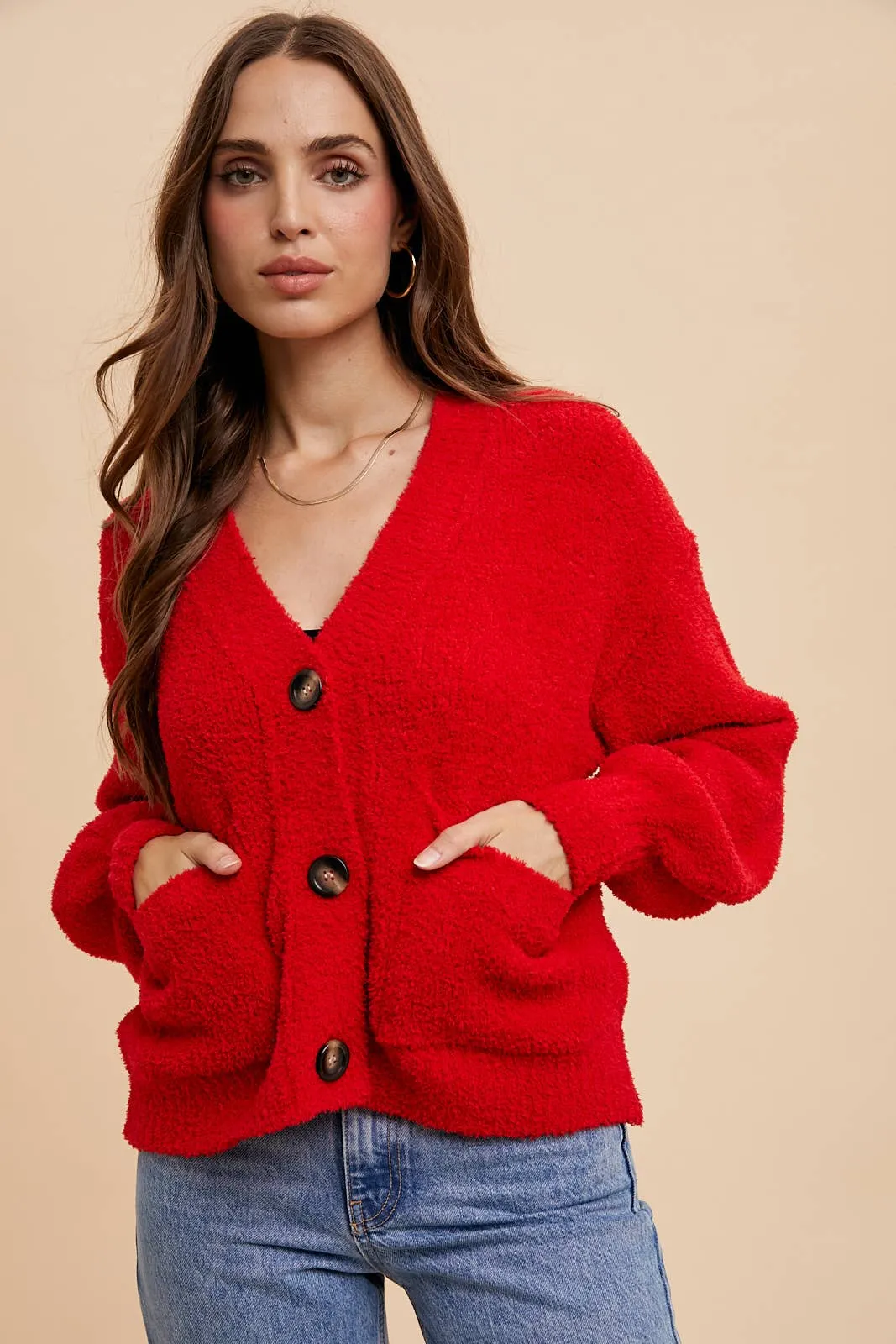 COZY CHENILLE CROPPED CARDIGAN: CHERRY TOMATO