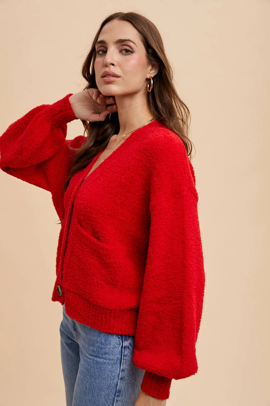 COZY CHENILLE CROPPED CARDIGAN: CHERRY TOMATO