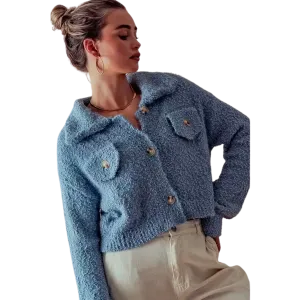 Cozy Popcorn Knit Buttoned Cardigan - Dusty Blue