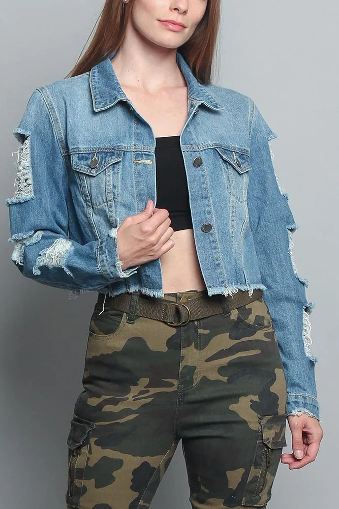 Cropped Distressed Denim Jacket