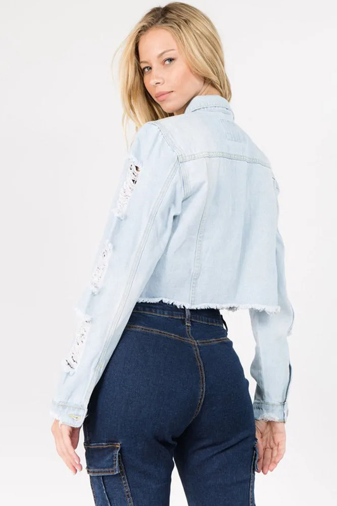 Cropped Distressed Denim Jacket