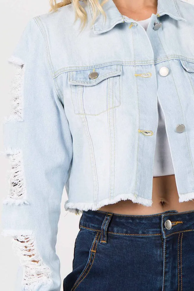 Cropped Distressed Denim Jacket