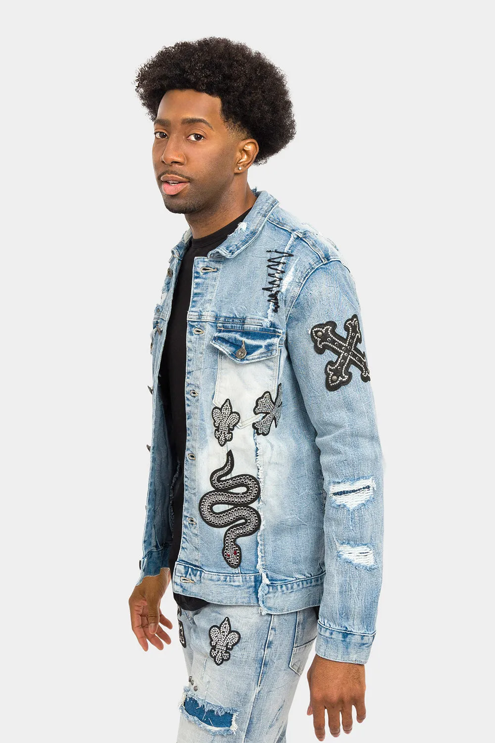 Crystals embellished patches studded Denim Jacket