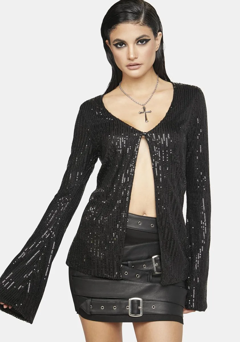 Drape Sequin Black Pulo Cardigan