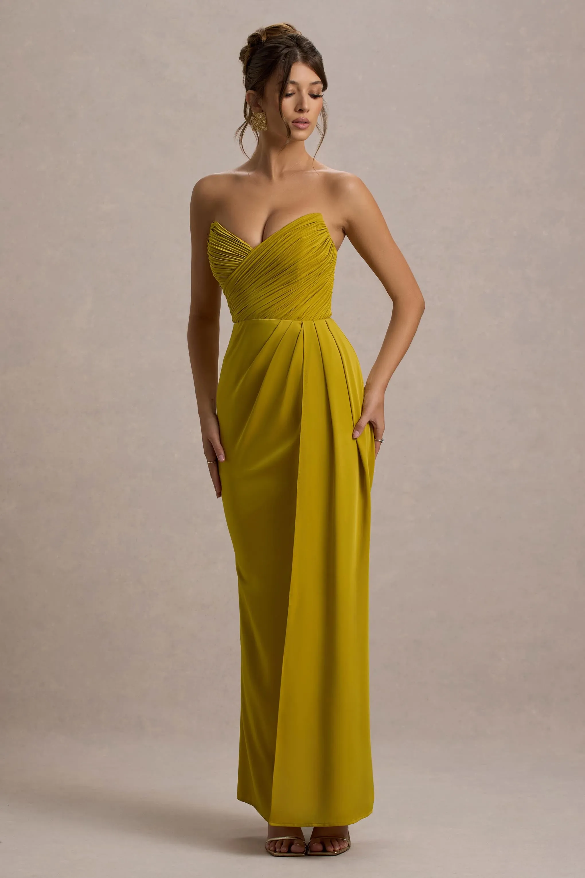 Edel | Mustard Satin Strapless Maxi Dress With Drape