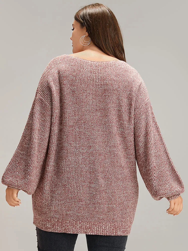 Elastic Hem Lantern Sleeve V Neck Pullover