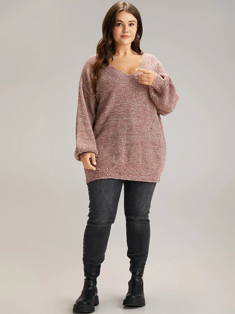 Elastic Hem Lantern Sleeve V Neck Pullover