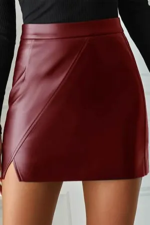 Elegant Burgundy High-Waisted Faux Leather Mini Skirt with Stylish Slit