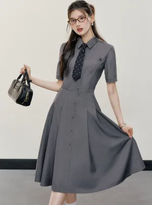 Elegant Charcoal Gray Shirt Dress: A-Line Button-Down with Short Sleeves and Collared Neckline